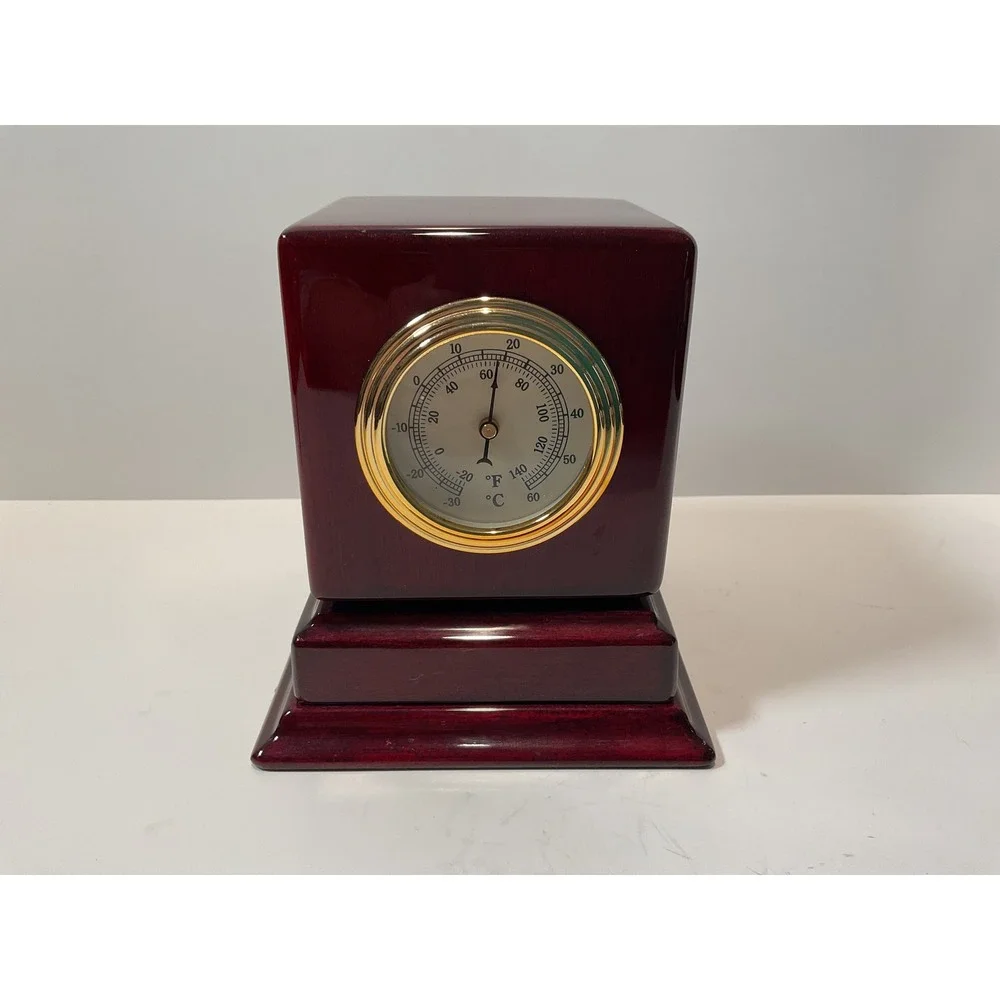 Elegant Desk Clock Thermometer Photo Frame 3 in 1 Cherry Wood Finish